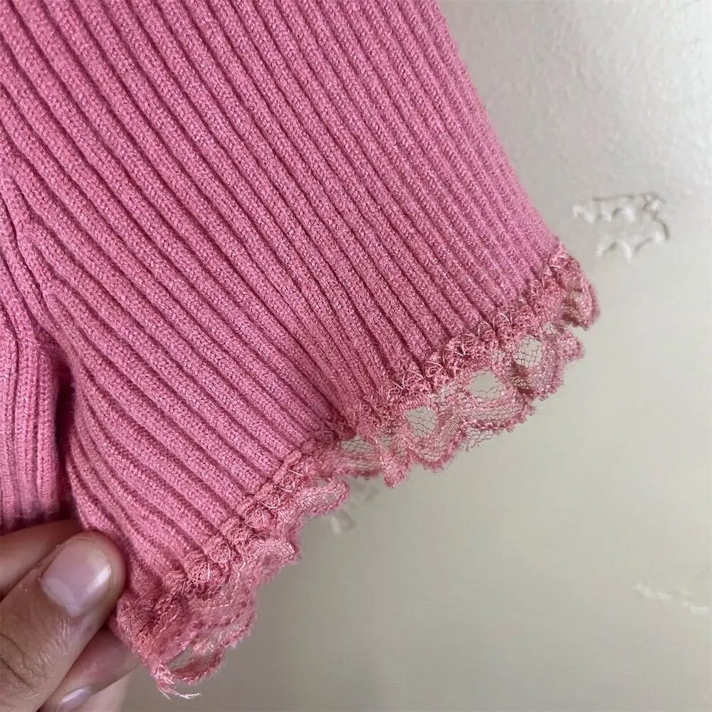 For Love & Lemons Calla‎ Knit Women's Pink Cropped Knit Top Size L Bow Accent - Image 4