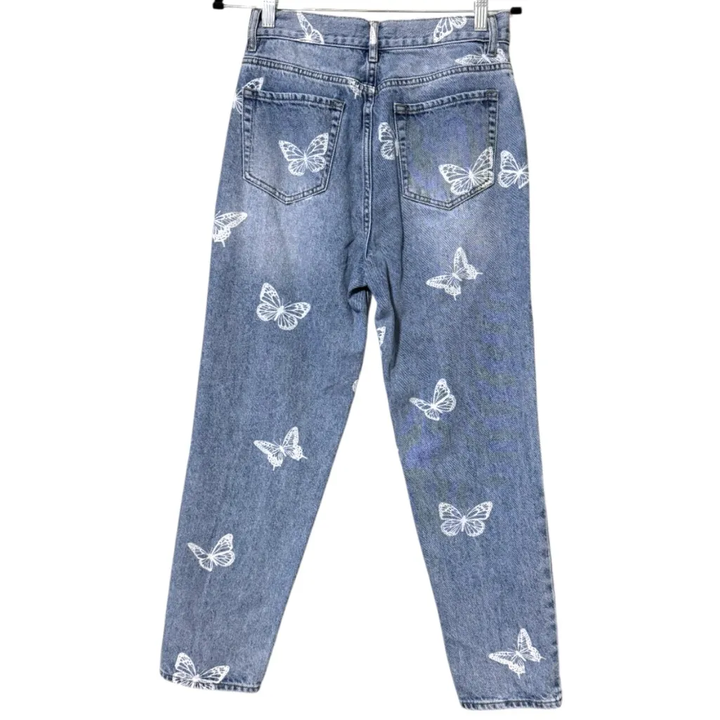 PACSUN size 27 ultra high rise slim fit button up jeans butterfly design - Image 4