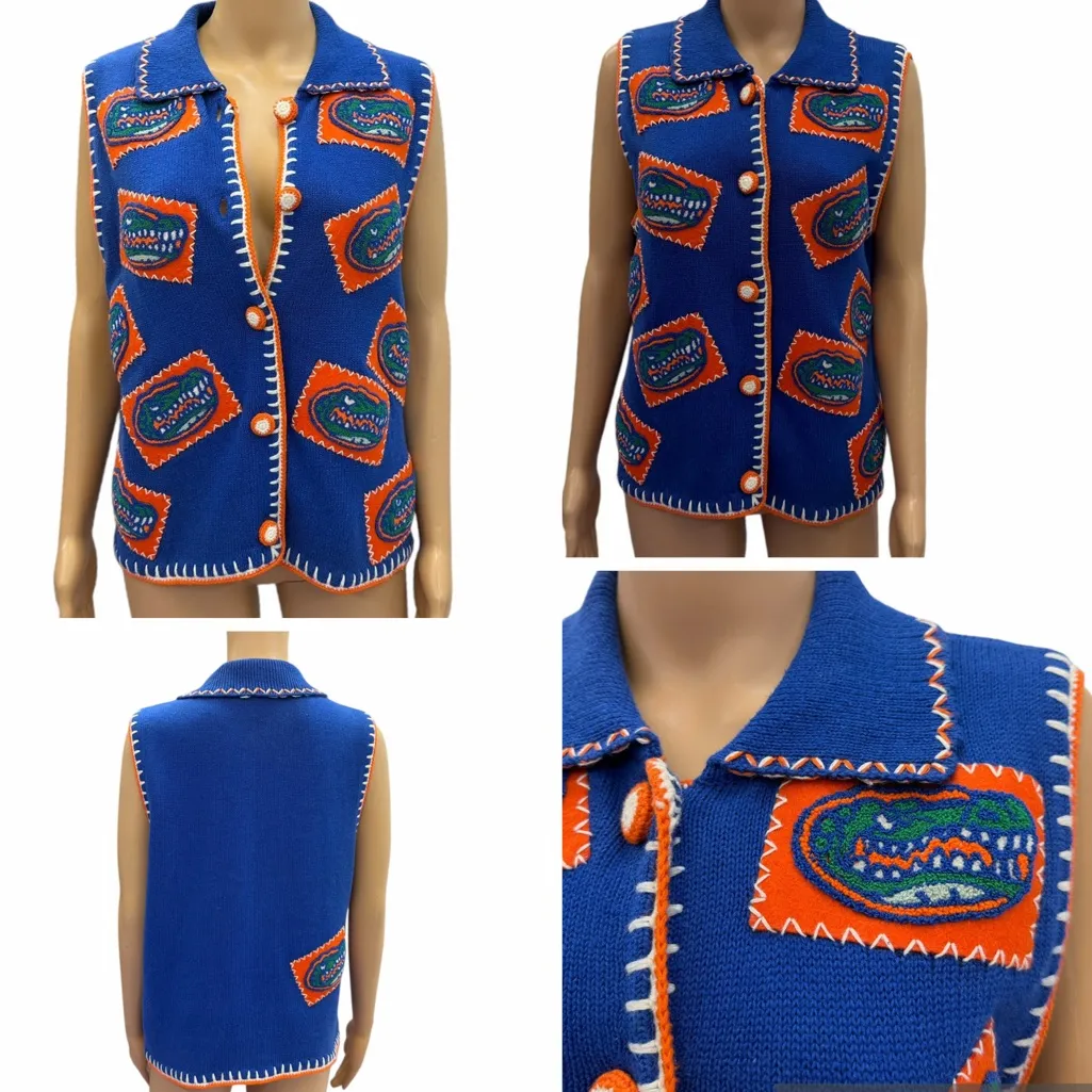Vintage Castles Sport Gators Cardigan Sweater Vest Women Medium Blue - Image 2