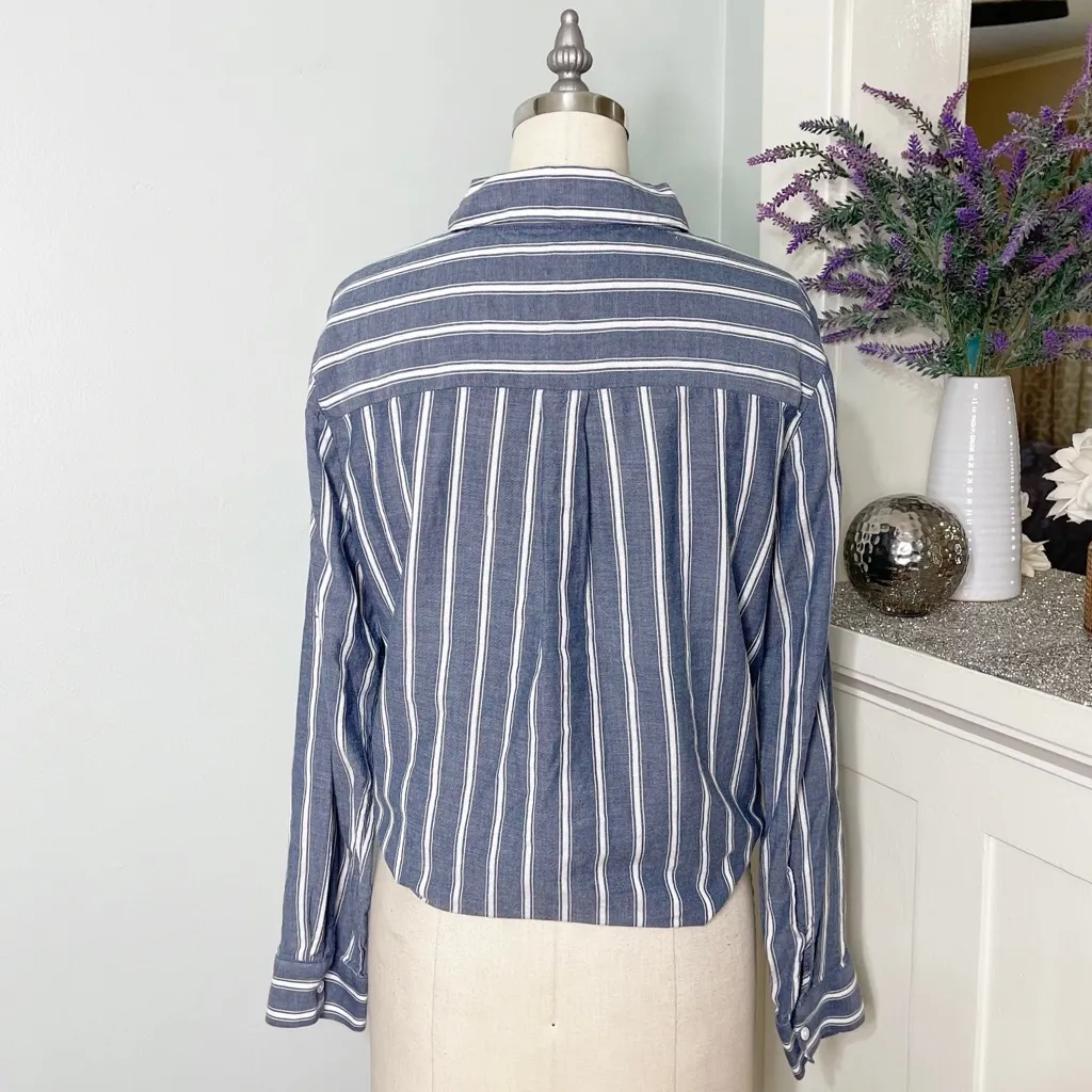 Ivanka Trump Blue Chambray Striped Button Down Tie Front Shirt Long Sleeve - Image 5