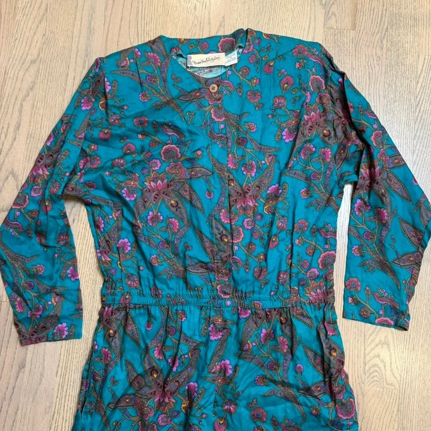 Diane Von Furstenberg Teal Paisley Floral Rayon Jumpsuit Playsuit 80s Size S - Image 2