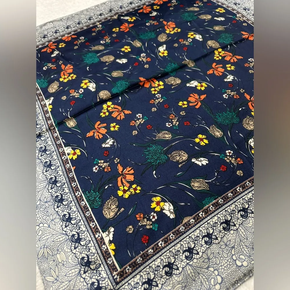 🇮🇹 Silk Square Scarf Women's Scarf, Vintage Style, Blue with flowers print - Image 3