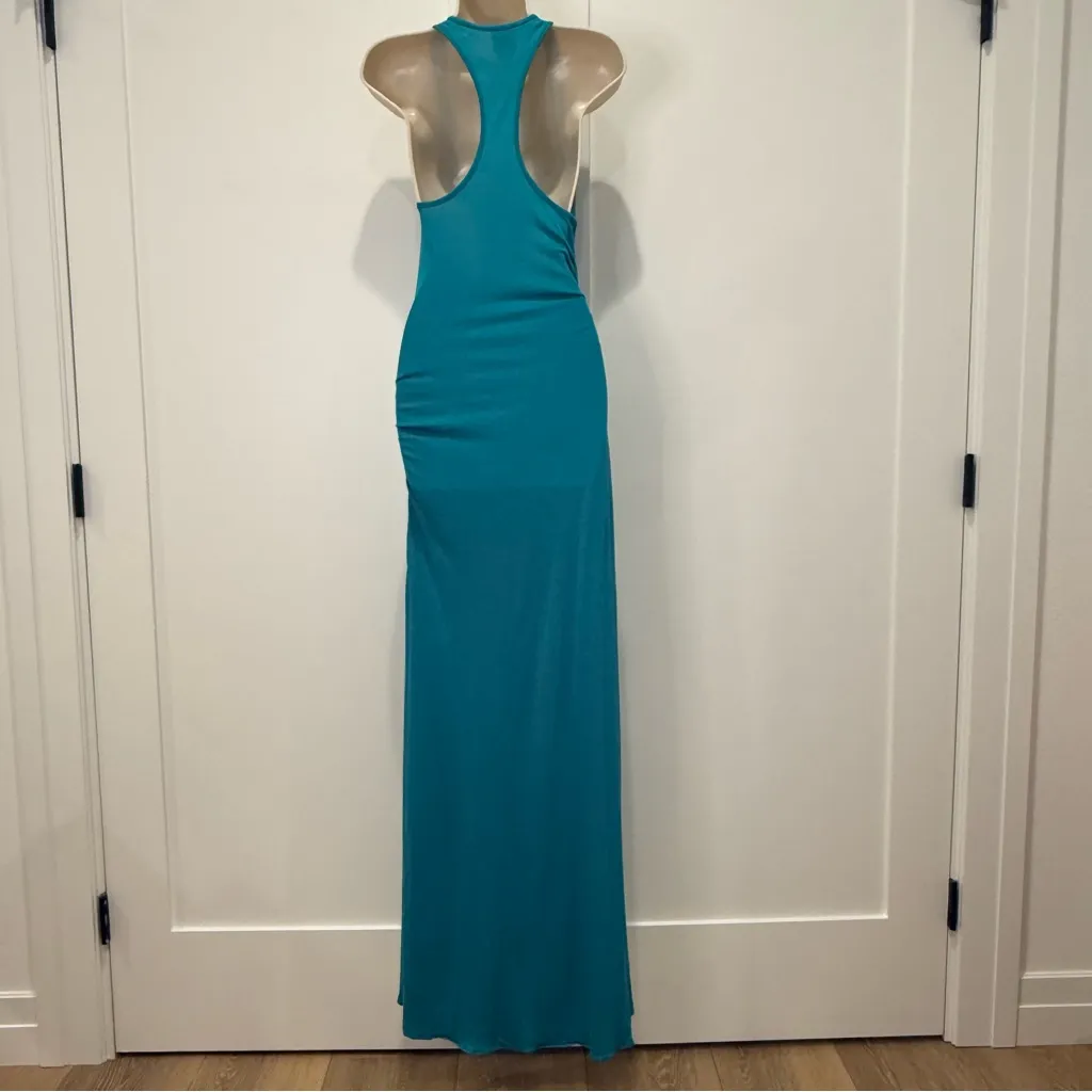 Haute Hippie Racerback Maxi Dress XS Teal Ruched Beachy Boho Vacation Tropical - Image 4