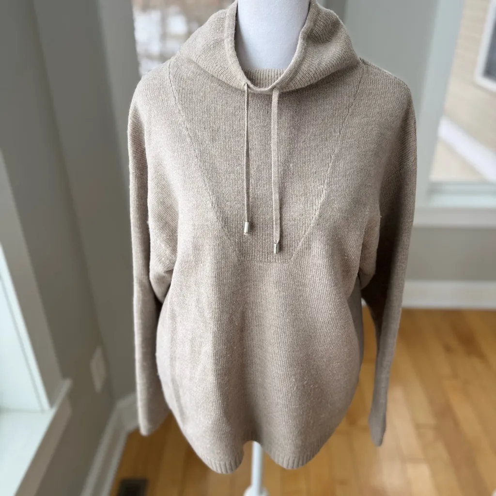 Halston Taupe Oatmeal Merino Wool Drawstring Mockneck Sweater Size Small - Image 10