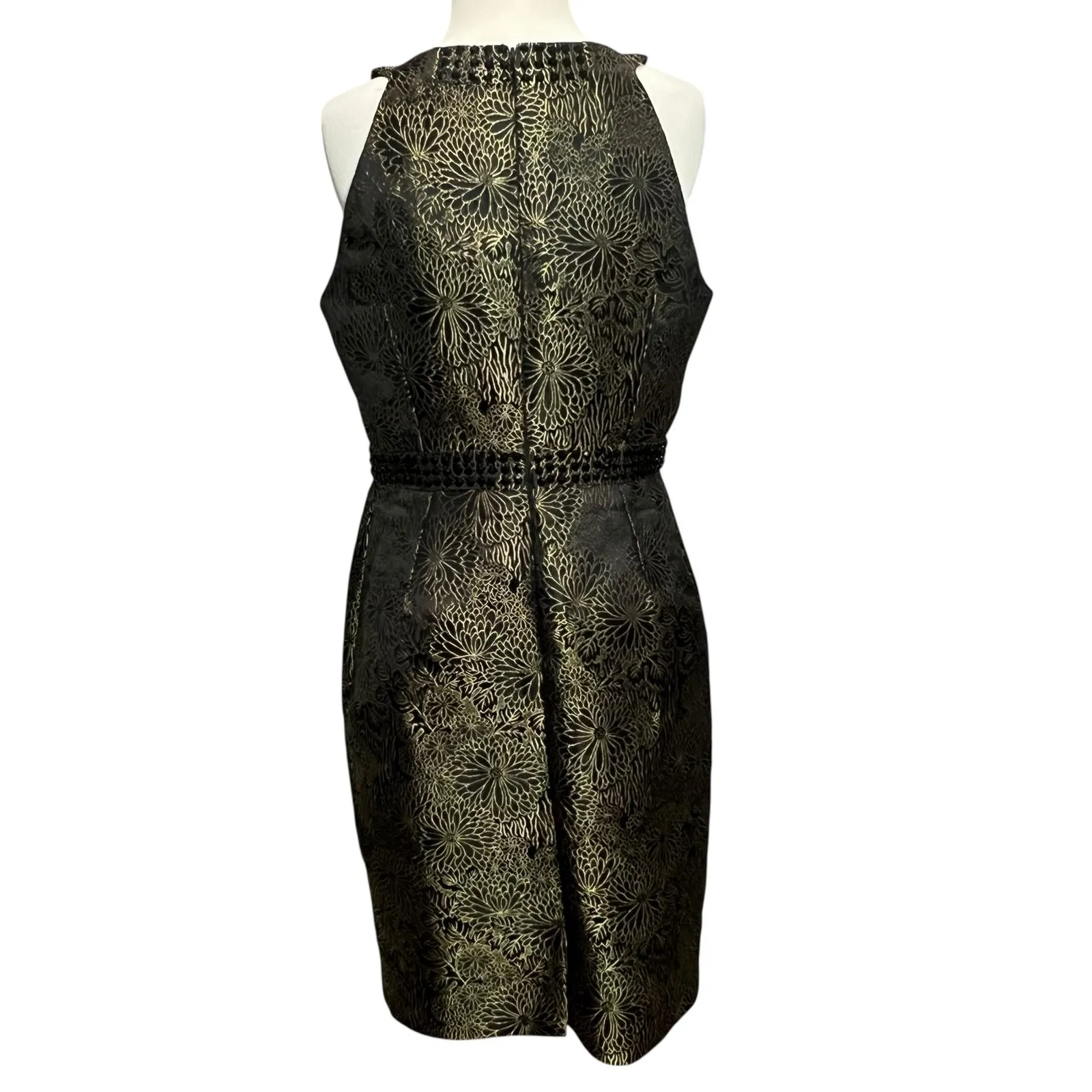 Carmen Marc Valvo Dress 10 Black Gold Floral Brocade Jacquard Beaded Cocktail - Image 5