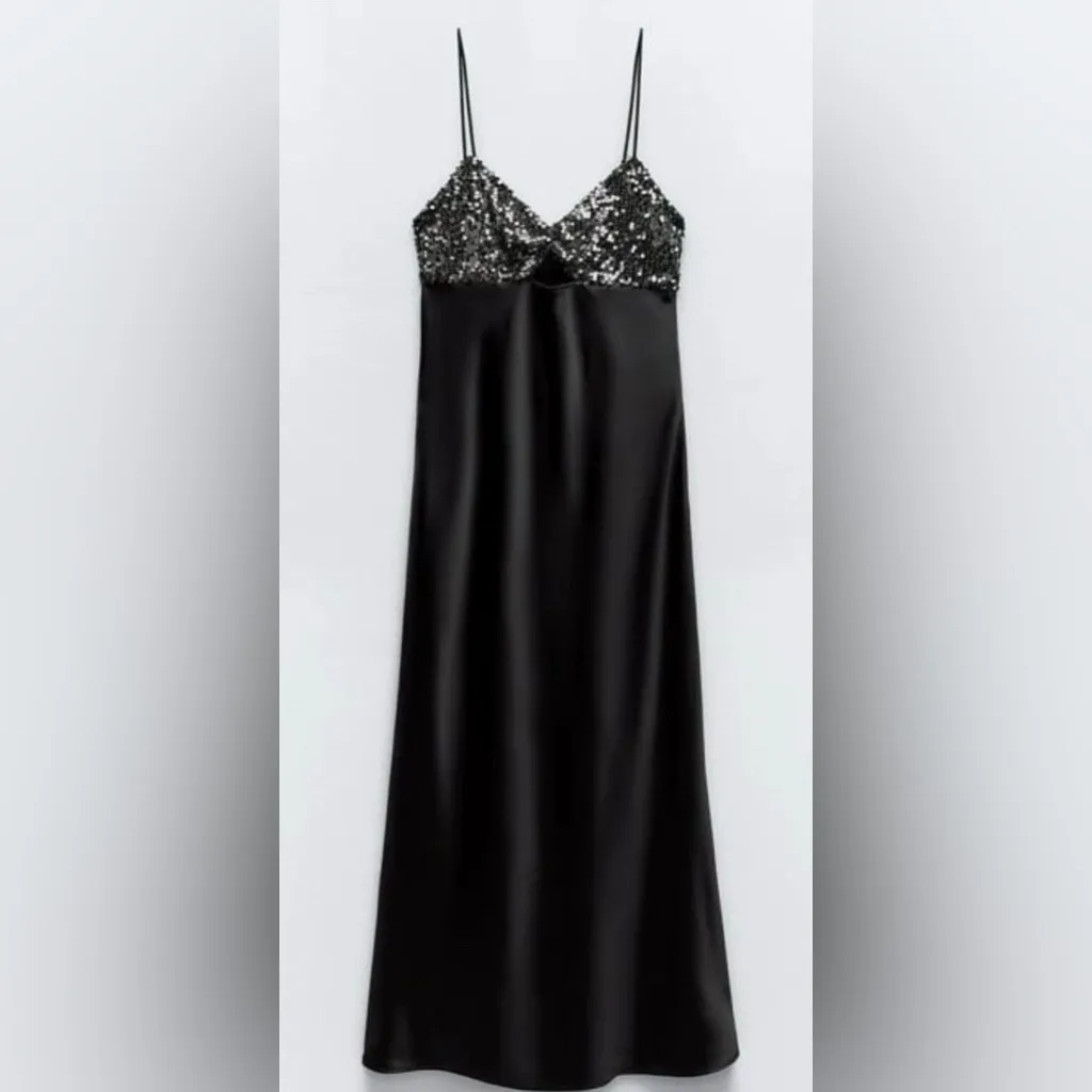 ZARA Contrast Sequinned Slip Dress Black - Image 3