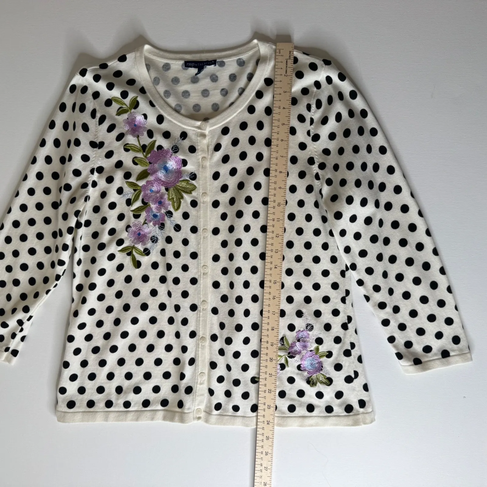 RSVP by Talbots Womens Charming Cardigan Sz Large Polka Dot Floral Embroidered‎ - Image 9
