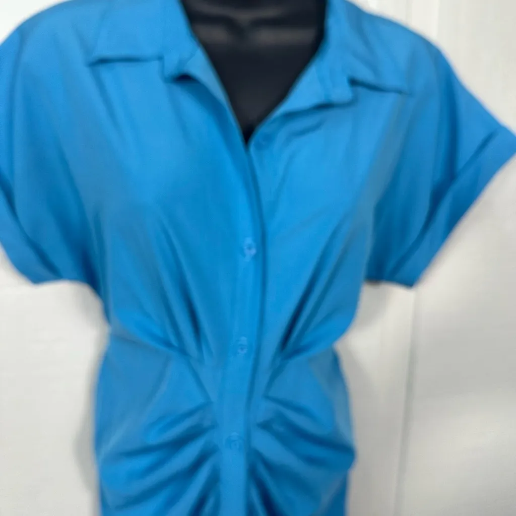 Button Down Ruched Short Sleeve Lapel V Neck Maxi Dress Size Small EUC - Image 4