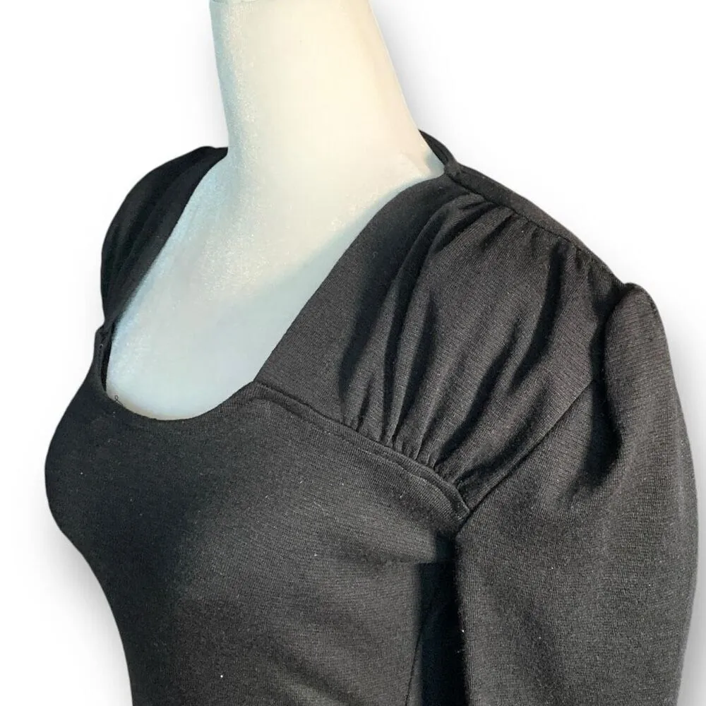 Vintage Marnie West Black Mini Dress Gathered Pleated Shoulders Long Sleeve Black Size XS - Image 3