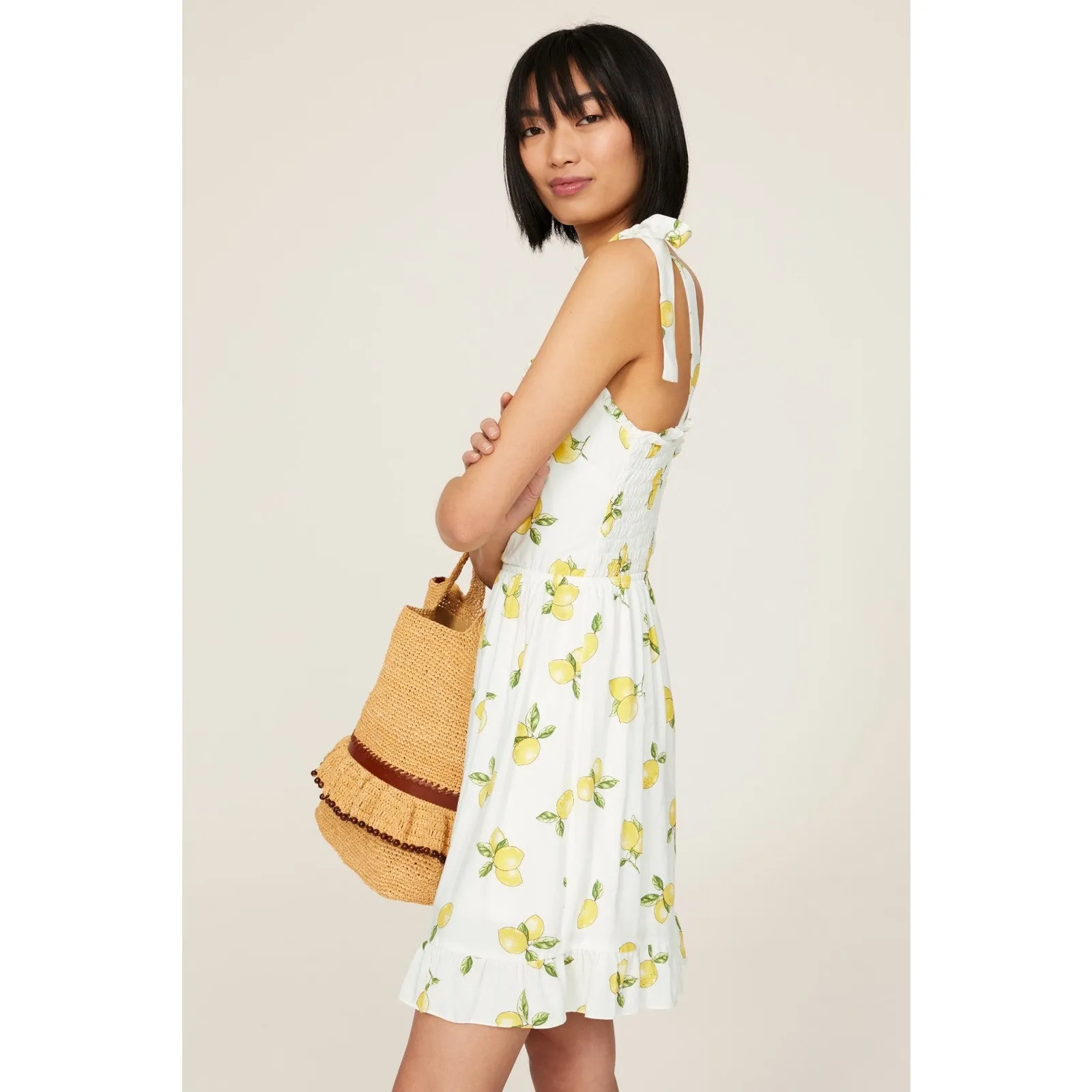 SLATE & WILLOW White Yellow Lemon Print Tie Straps Mini Dress Size Small - Image 3