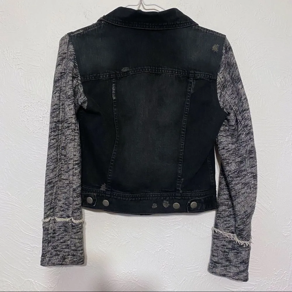 FREE PEOPLE Denim Trucker Jacket Black Knit Hoodie SZ XS - Image 5