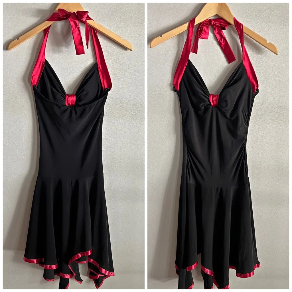 Y2K Taboo Black Red Halter Dress Satin Trim Jersey Stretch Pin Up XS - Image 2