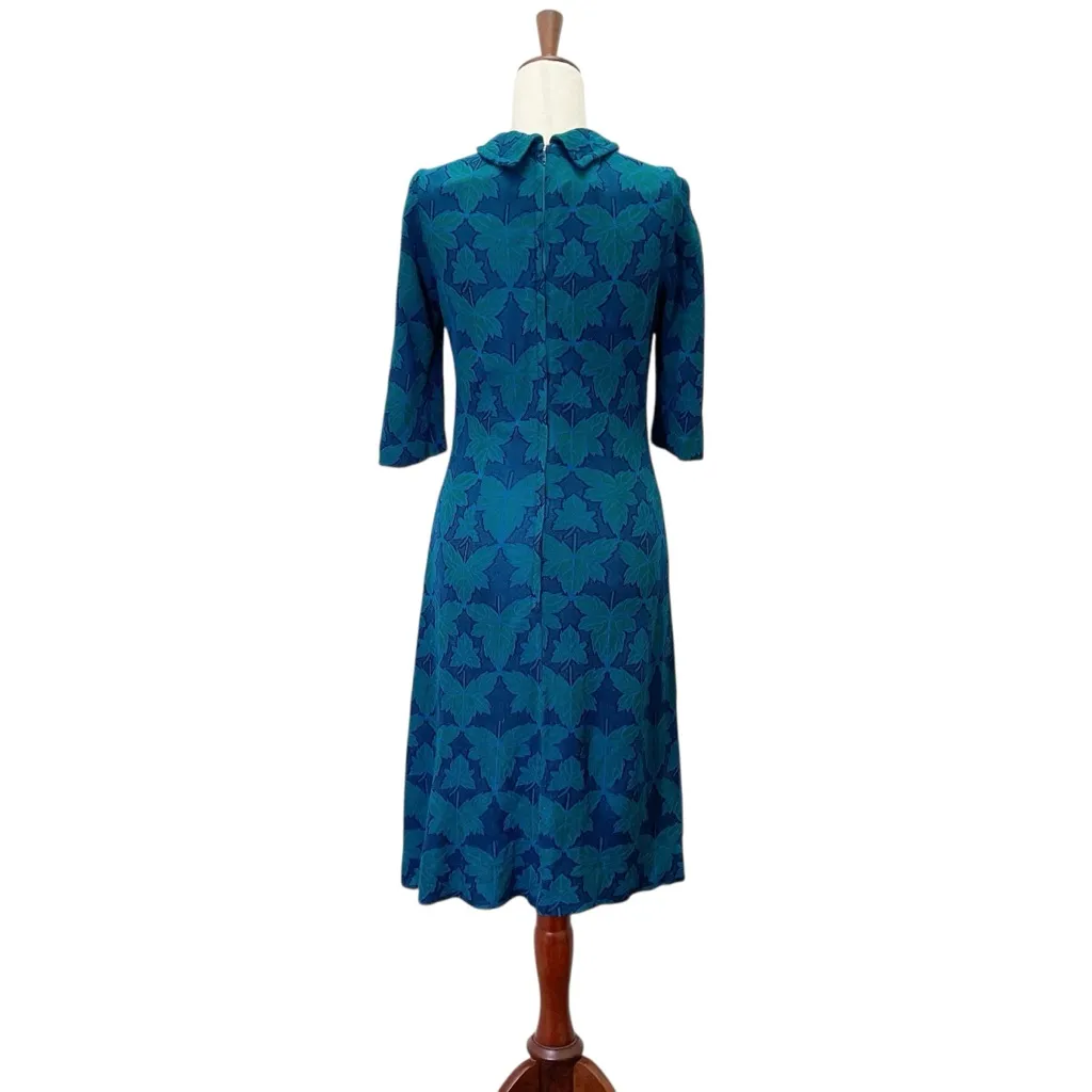 Vintage 1960s Jean Lang Original Blue Green Jacquard Leaf Print Dress Mod A - Image 4
