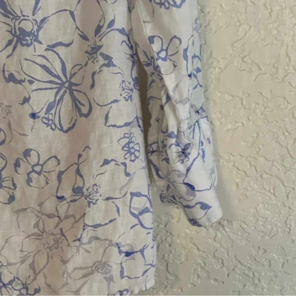 LL Bean Top Womens Small Floral Blue White Linen‎ Button Up 3/4 Sleeve Shirt - Image 5