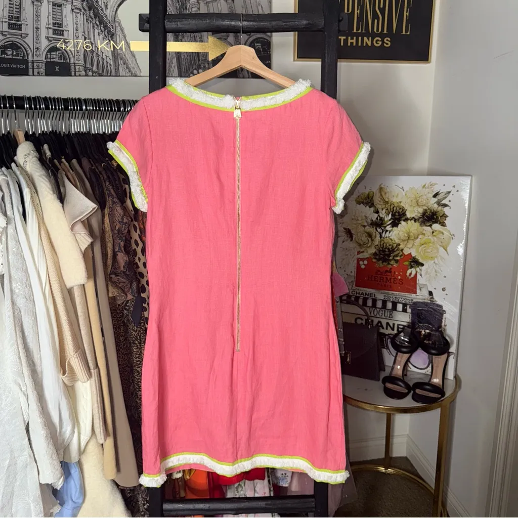 STS Sail to Sable Peachy Pink Linen Shift Dress Bouclé Trim And Gold Back Zip - Image 7