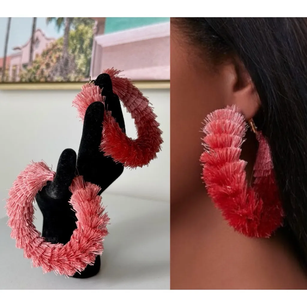 Forever 21 Pink Ombre Fringe Hoop Earrings Boho Round Statement Jewelry OS - Image 2