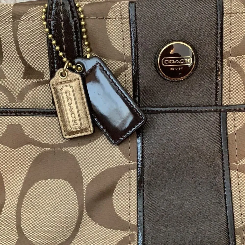 Coach Signature Canvas Jacquard Slim Shoulder Stripe Tote Bag Tan and Brown - Image 3