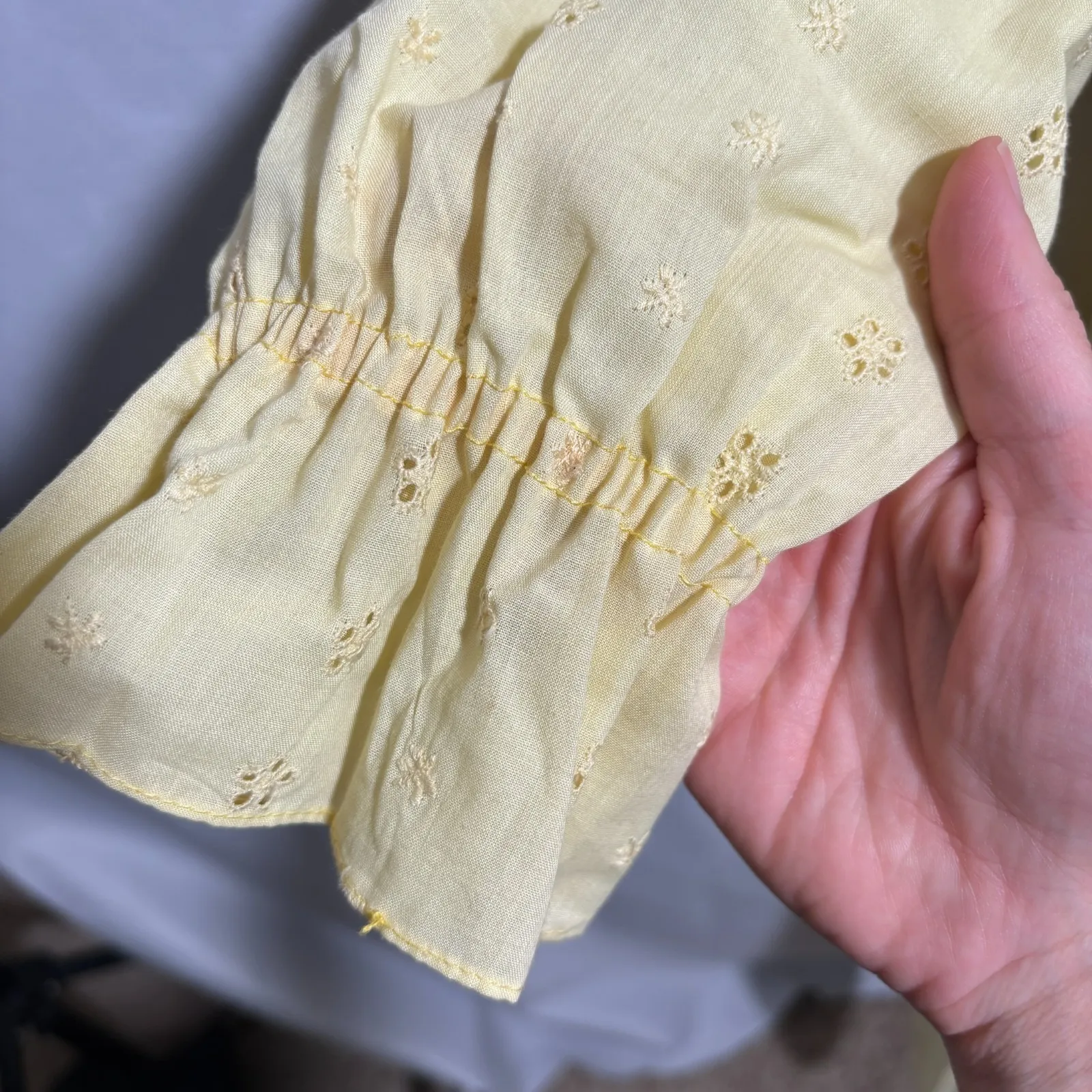 Vintage Yellow Prairie Cottage Core Maxi‎ Dress Eyelet Smocked Long Puff Sleeve Size XS - Image 6