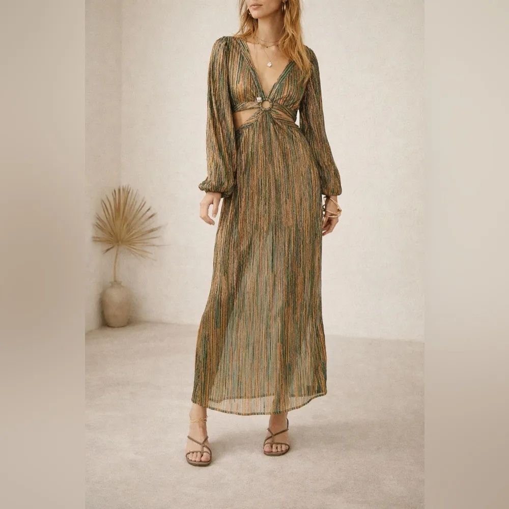 Suboo Ana Cut Out Maxi Dress in Green/Gold Metallic Green - Image 11