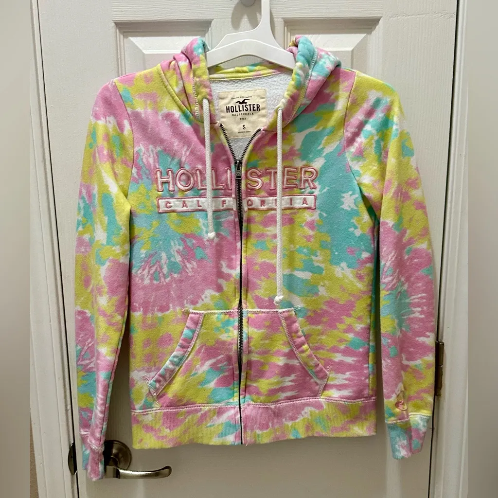 HOLLISTER Co. tie-dye full zip-up hoodie jacket size Small pink yellow - Image 8
