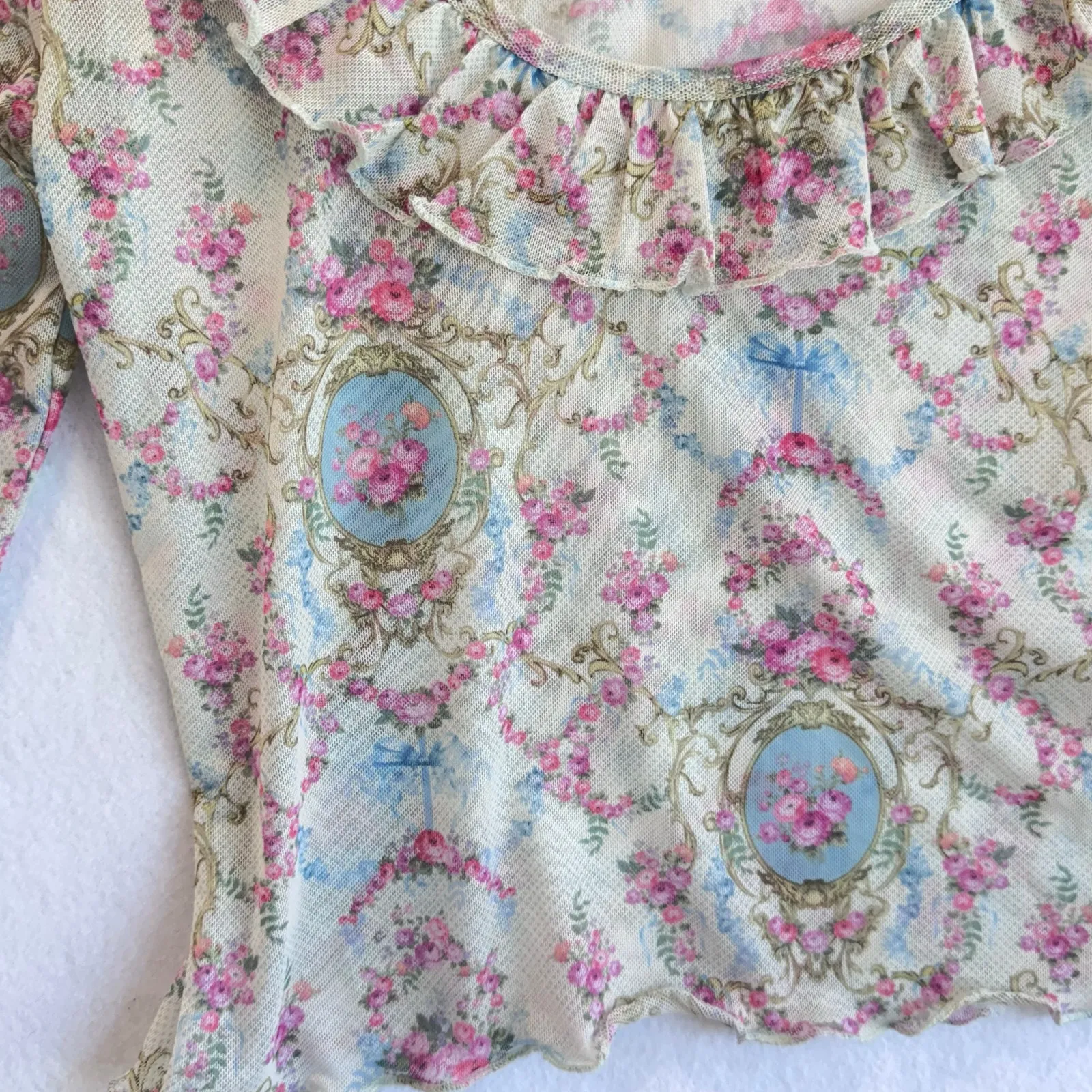 Romantic Cottagecore Sheer Mesh Ruffle Long Sleeve Top Floral Print Y2K Small Pink - Image 9