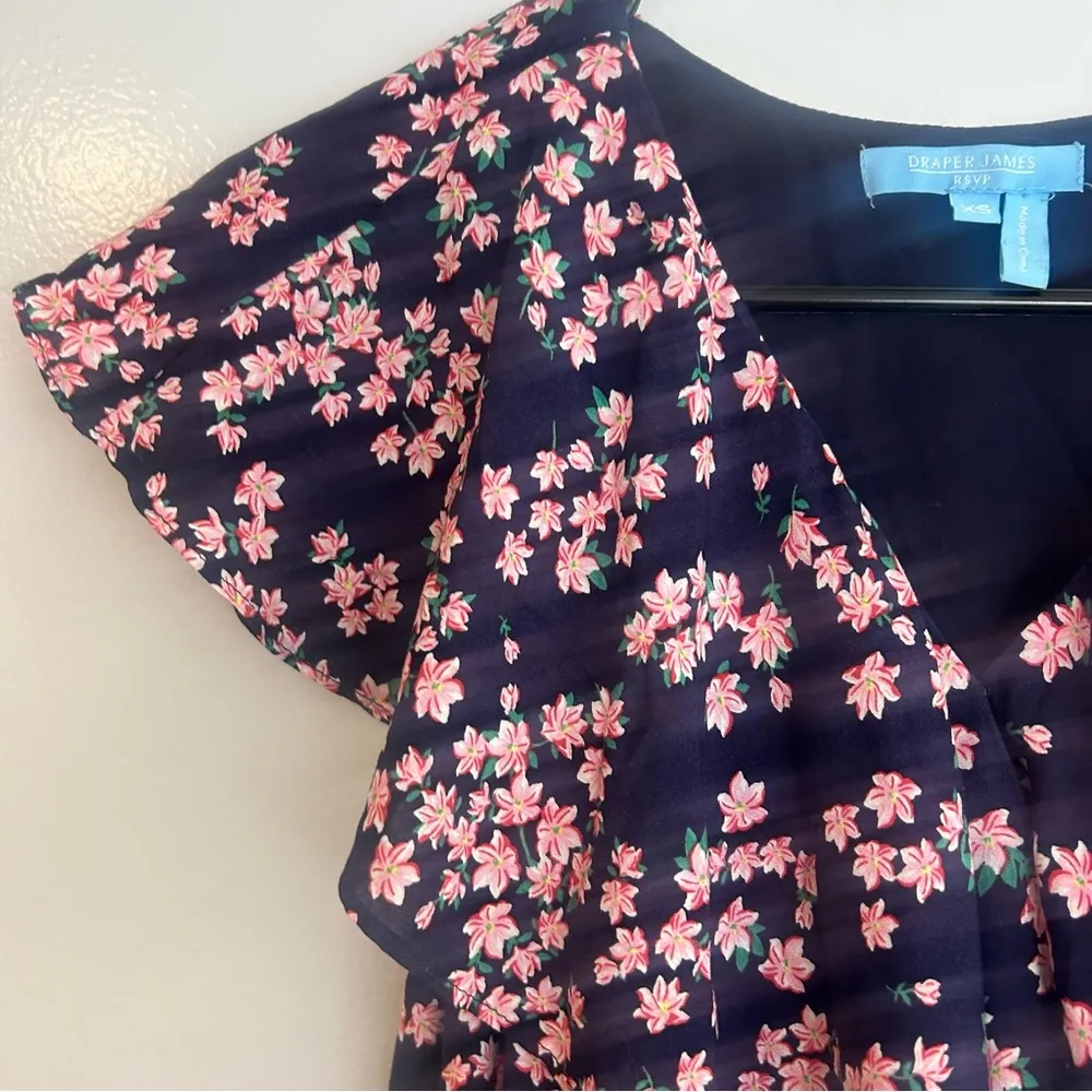 Draper James Blue/Pink Floral Ruffle Cap Sleeve Wrap Dress Size XS - Image 3