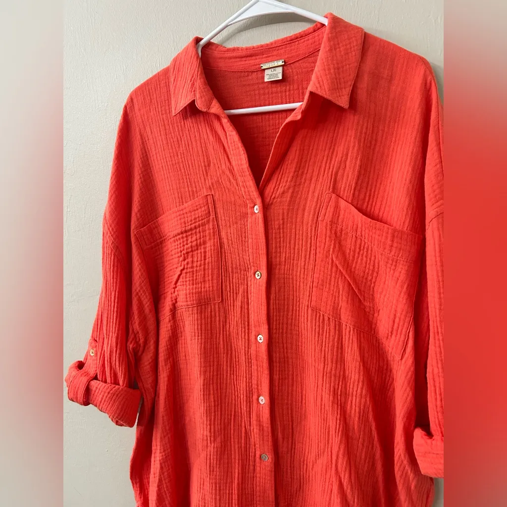 Magaschoni Organic Cotton Button Shirt Orange Roll Sleeve Oversized Sz L - Image 6