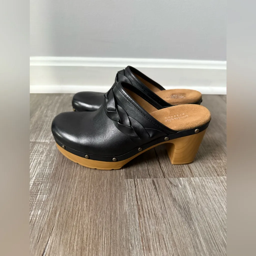Clark’s Artisan Ledella Meg Black Leather Clogs Mule Heels Wooden Heel Size 6 - Image 11