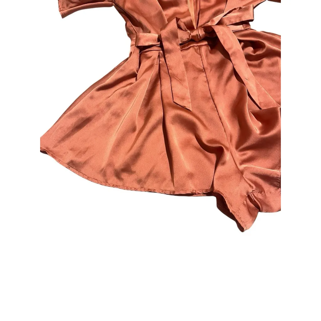 36 Point 5 Romper Womens S Pink Brown Short Bell Sleeve Tie Waist Zip Satin - Image 6