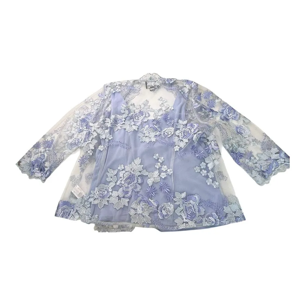 Alex Evenings 3/4 Sleeve Embroidered Twinset CAMI TOP & JACKET Women's LG Blue - Image 6