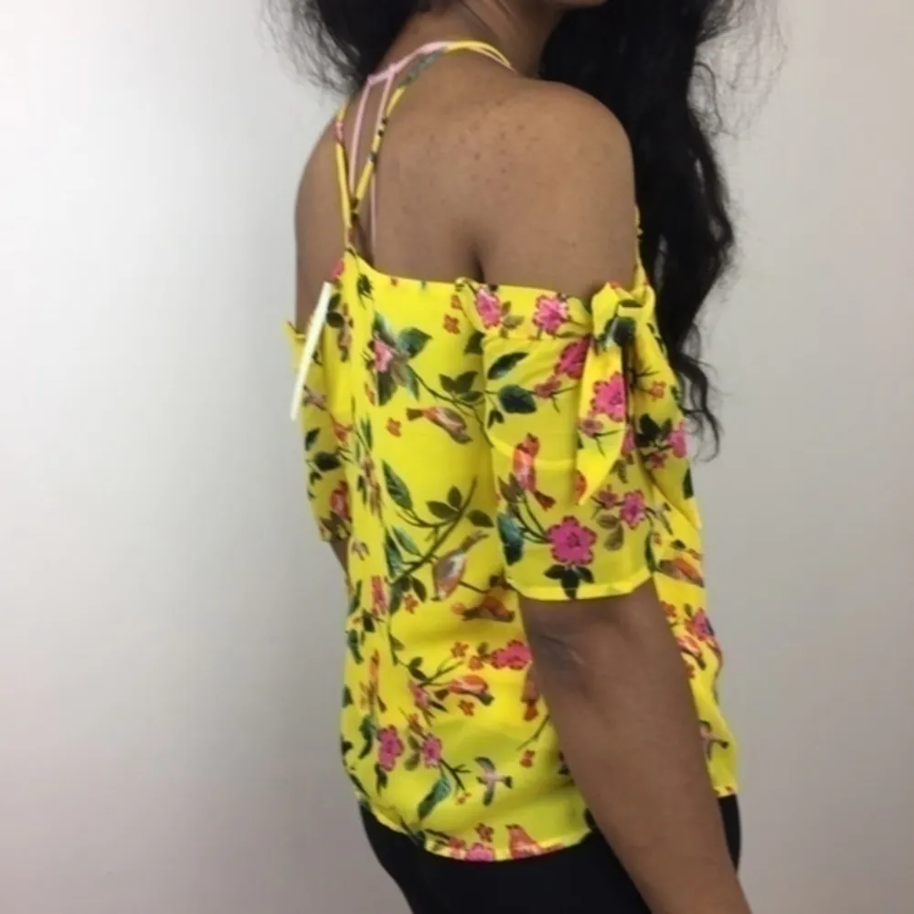 Monteau‎ Womens Size S Bird & Floral Off The Shoulder Chiffon Blouse - Image 5