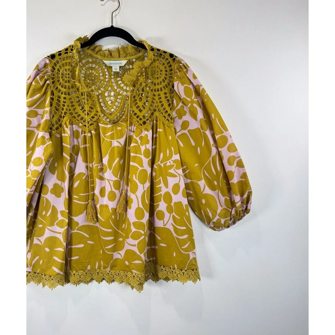 Sundance Womens Top Yellow Harmonia Crochet V Neck Tasseled Blouse Boho Small - Image 6