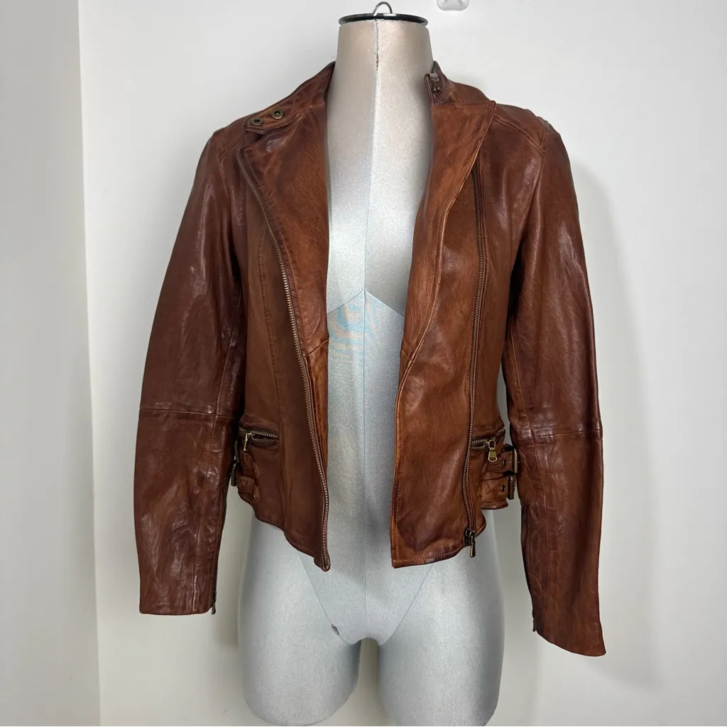 Lauren Ralph Lauren Burnished Lamb Leather Moto Jacket Size 4 Dark Walnut Zipper Brown - Image 5