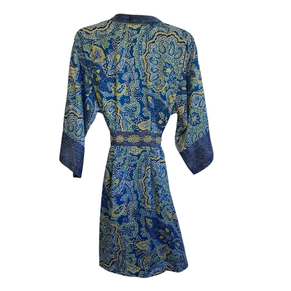 Oscar de la Renta Blue Paisley Polyester Silky Bathrobe Dressing Robe Small - Image 2