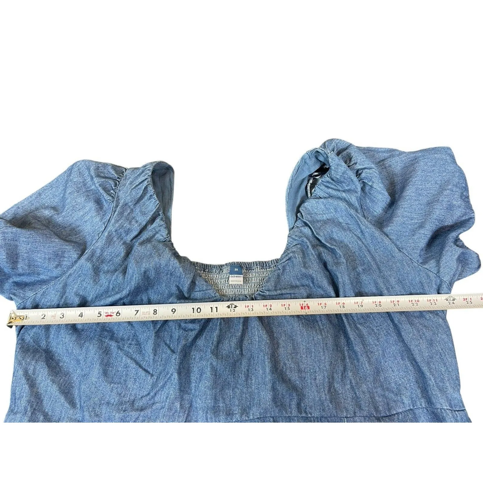 Old Navy 3X Blue Denim Midi Dress Puff Sleeve Empire Waist Smocked Back Coquette - Image 12