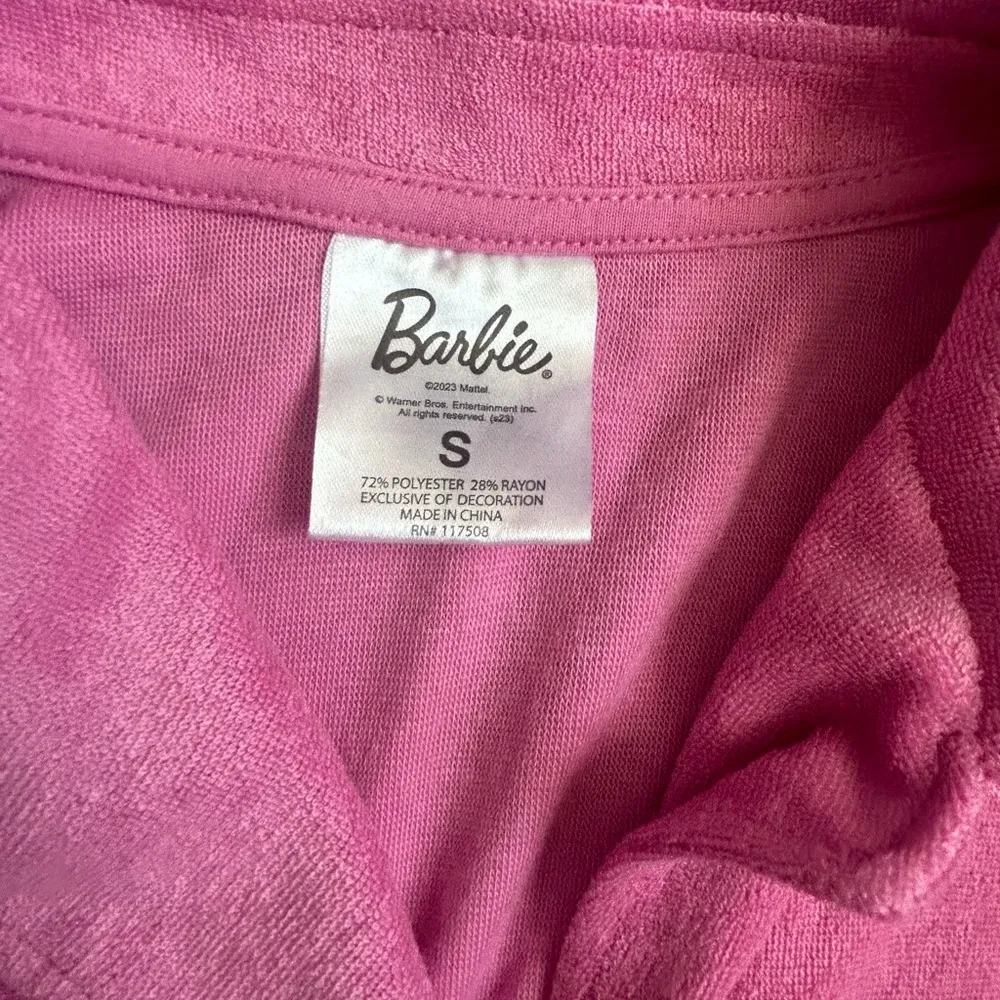 Barbie Top Womens Terry Cloth Button Up Short Sleeve Crop Halloween Size S NWOT Pink - Image 4