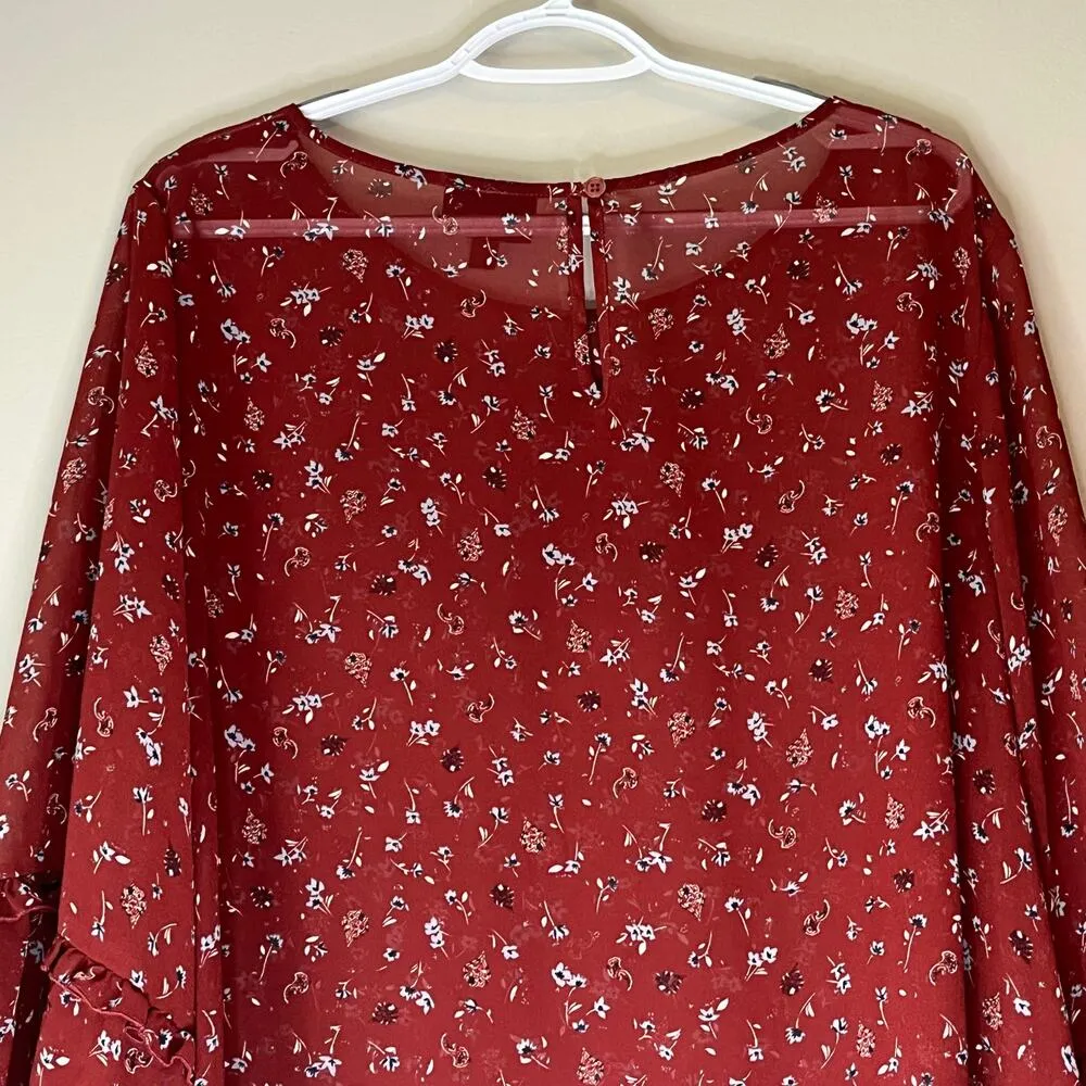 Lane Bryant Burnt Red Sheer Floral 3/4 Sleeve Blouse Size 26 - Image 9