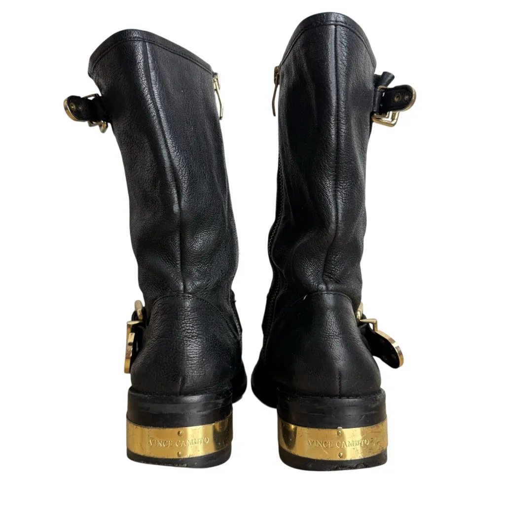 Vince Camuto Winchell Black Gold Buckle Belted Hardware Biker Moto Boot Size 8 - Image 3