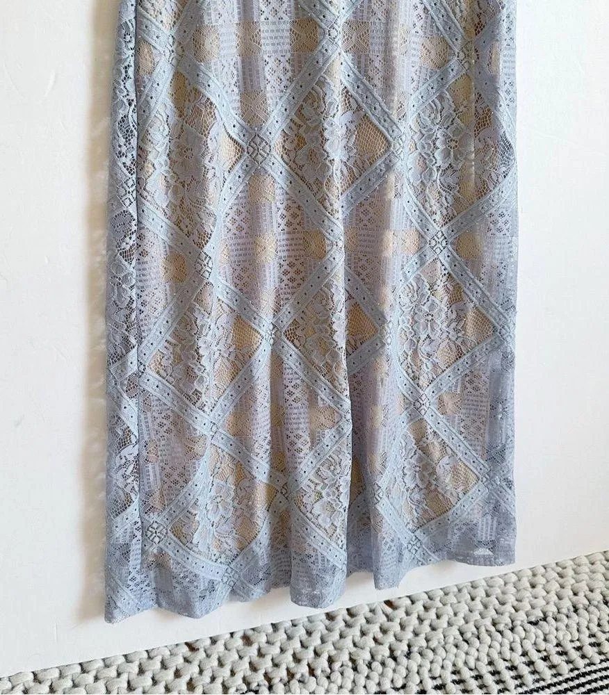 NSR Short Puff Sleeve Knit Lace Overlay Midi Dress Light Blue Cream Size S - Image 7