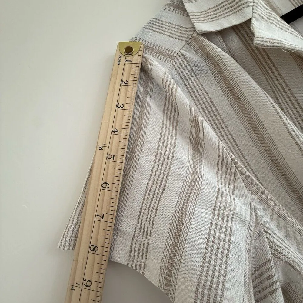 Sweet salt striped Jumpsuit women wide leg collar button up cream pockets tie L Size L - Image 7