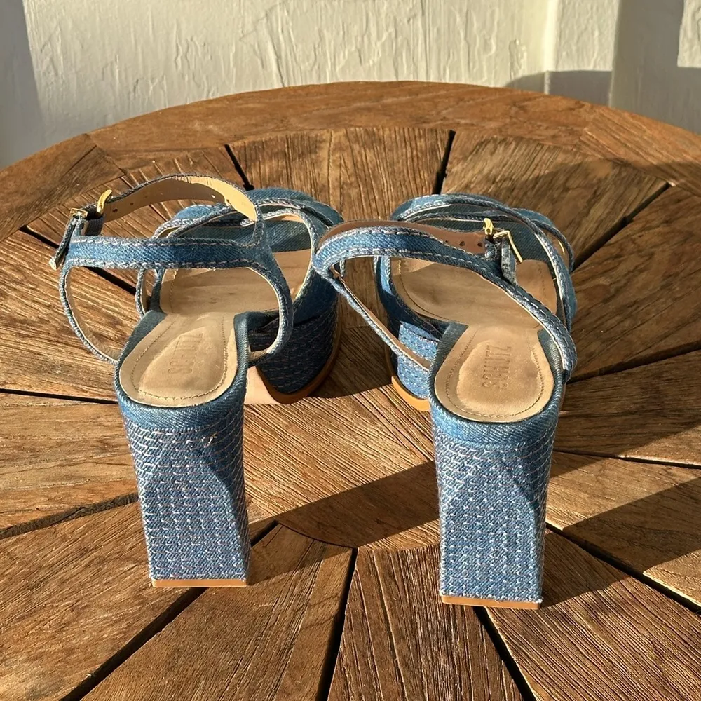 Schutz blue denim and brown stitching chunky heel - Image 2