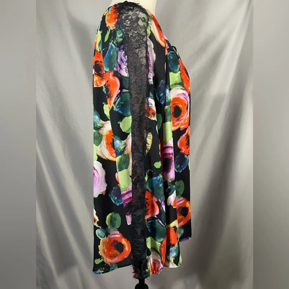 EST 1946 Women Bright Colorful Floral Lace Top Blouse Long Sleeve Tie Neck Sz XL Black - Image 4