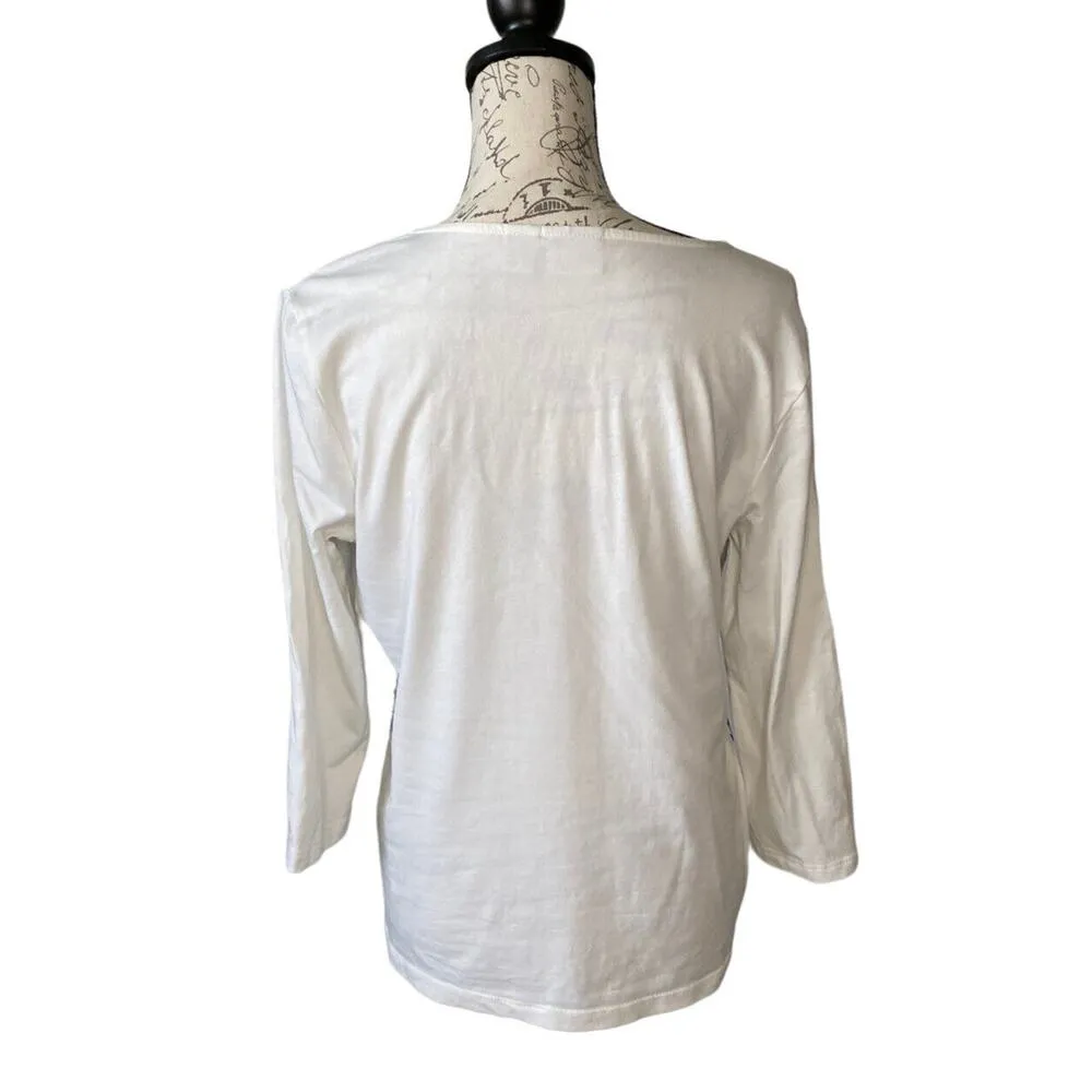 Weekends Chico's White Long Sleeve V-neck Top Medium 1 Blue Purple Paisley Bling - Image 3