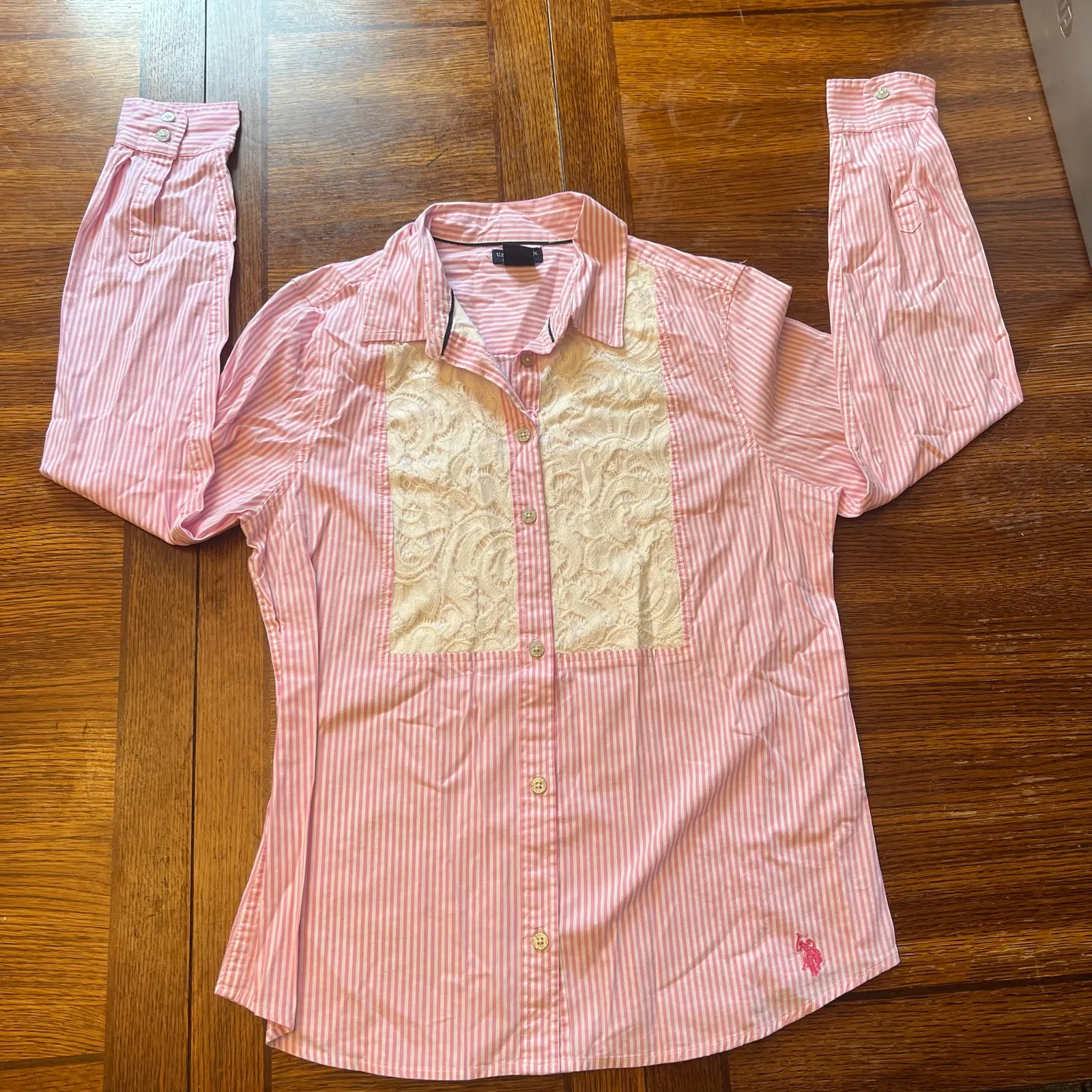 U.S. Polo Assn. Pink Pinstripe Lace Button Down Shirt M - Image 12