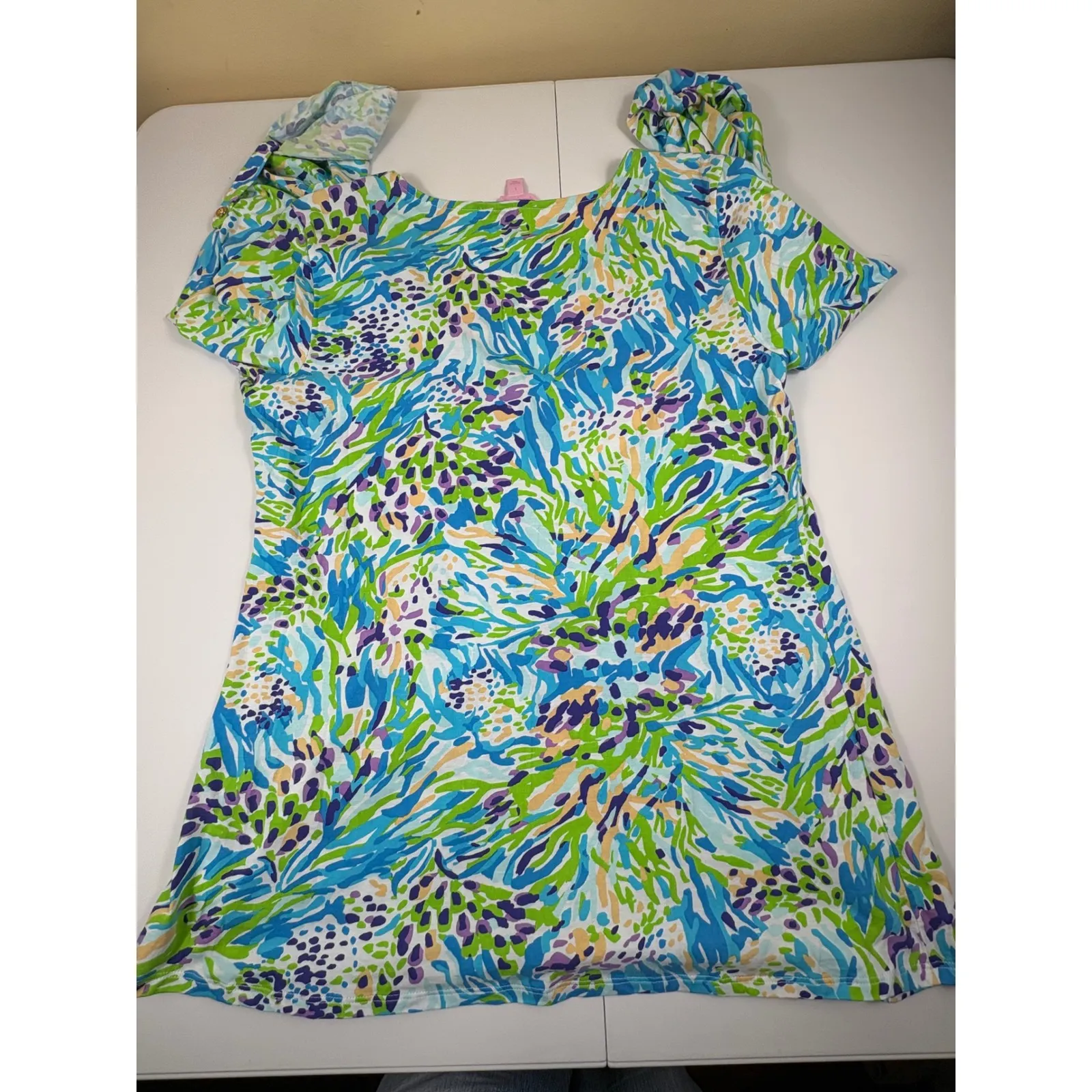 Lilly Pulitzer Tunic Dress Blue Green Purple Abstract Print‎ Roll Tab Sleeve L - Image 12