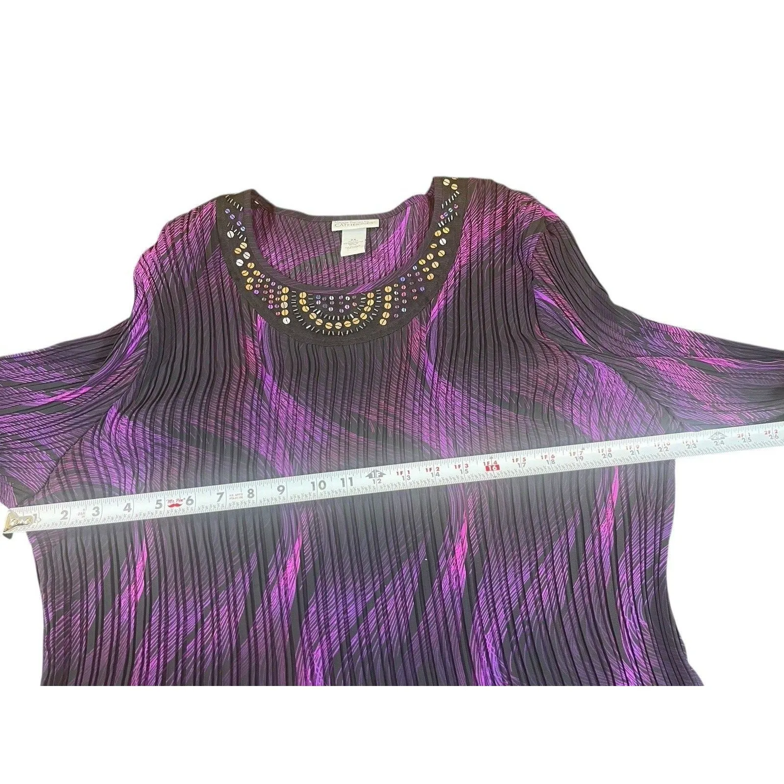 Catherines Maggie Barnes 2X Accordion Pleated Blouse Purple Black Tunic Sheer - Image 8
