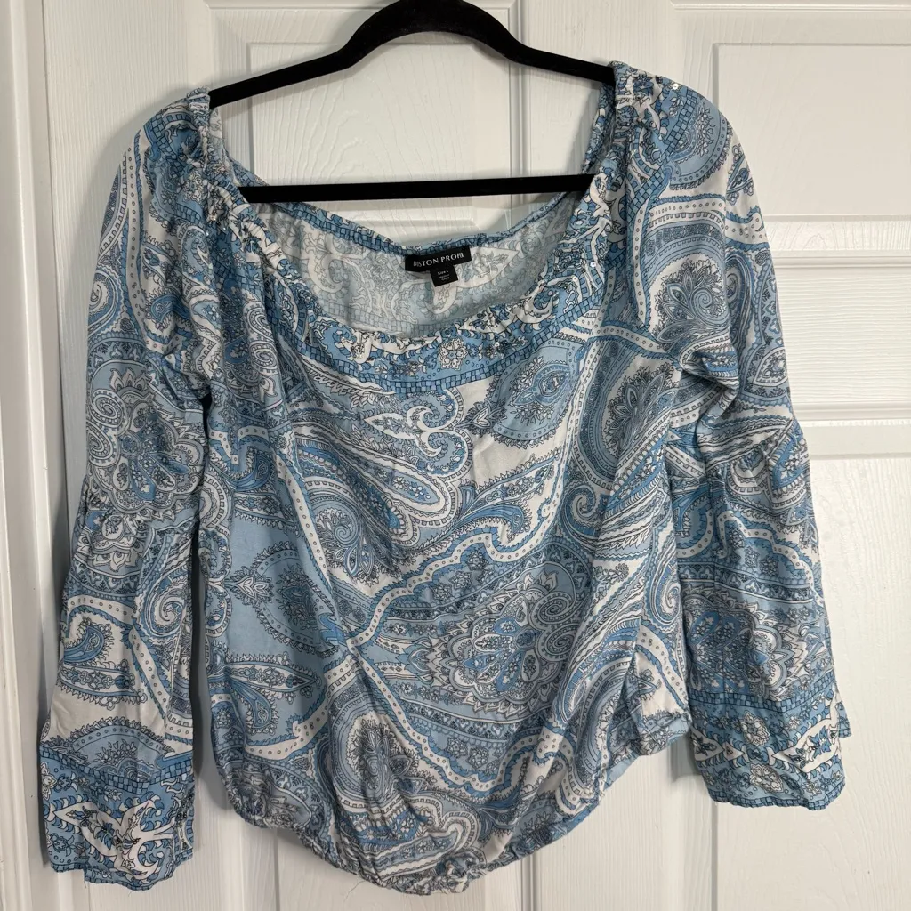 Boston Proper Blue Paisley Off The Shoulder Blouse L - Image 7