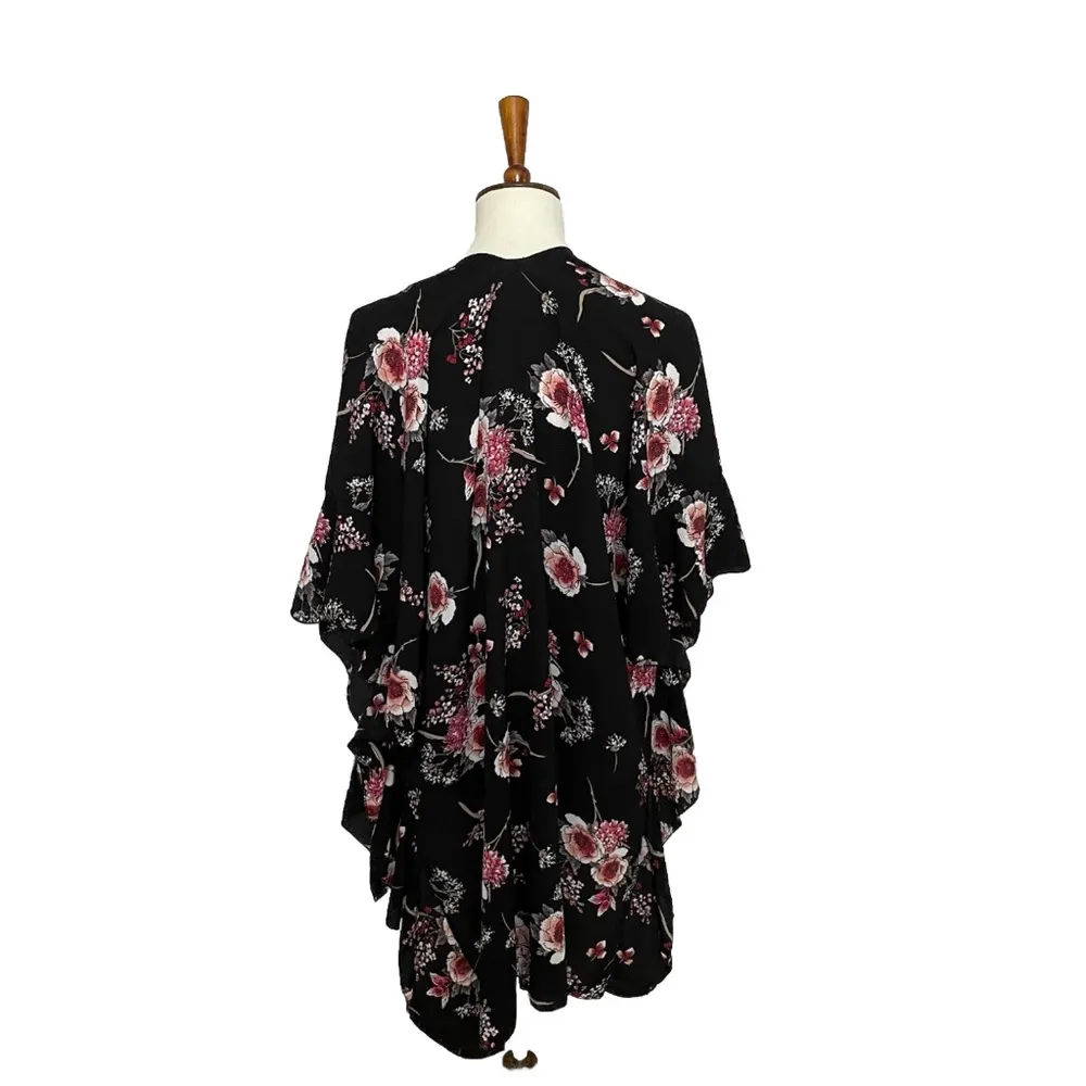 Kimono Cardigan Floral Ruffle Sleeves Lightweight Romantic Black Red Pink Grey Size 1X - Image 5