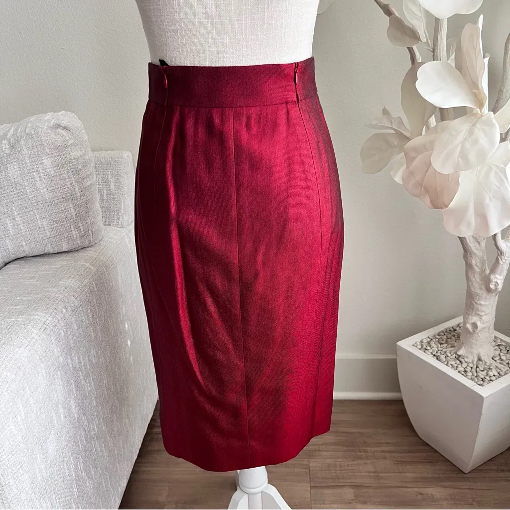 AKRIS Red Silk Skirt Suit With Long Sleeve Silk Red Blazer - Image 7