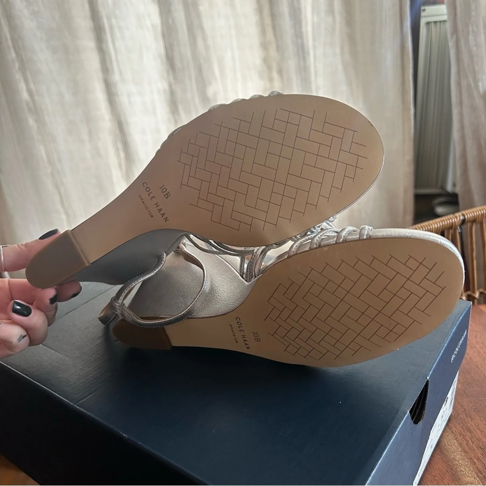 Cole Haan Jitney‎ Knot Wedge Sandals Leather Heels Silver NEW $180 Size 10.5B - Image 6